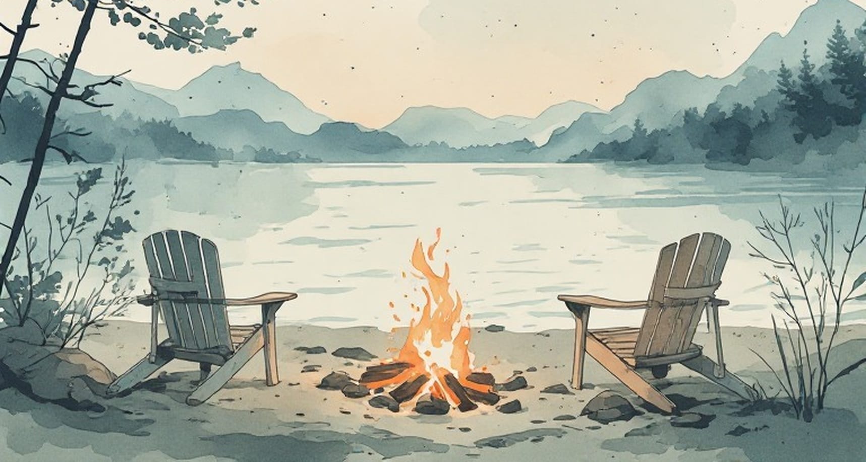 Two chairs beside a lakeside campfire in a Japanese watercolor landscape